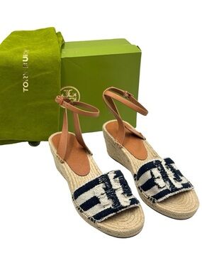 Tory Burch Sonia Striped Canvas Stacked T Espadrille Wedge Sandals Size 8.5
